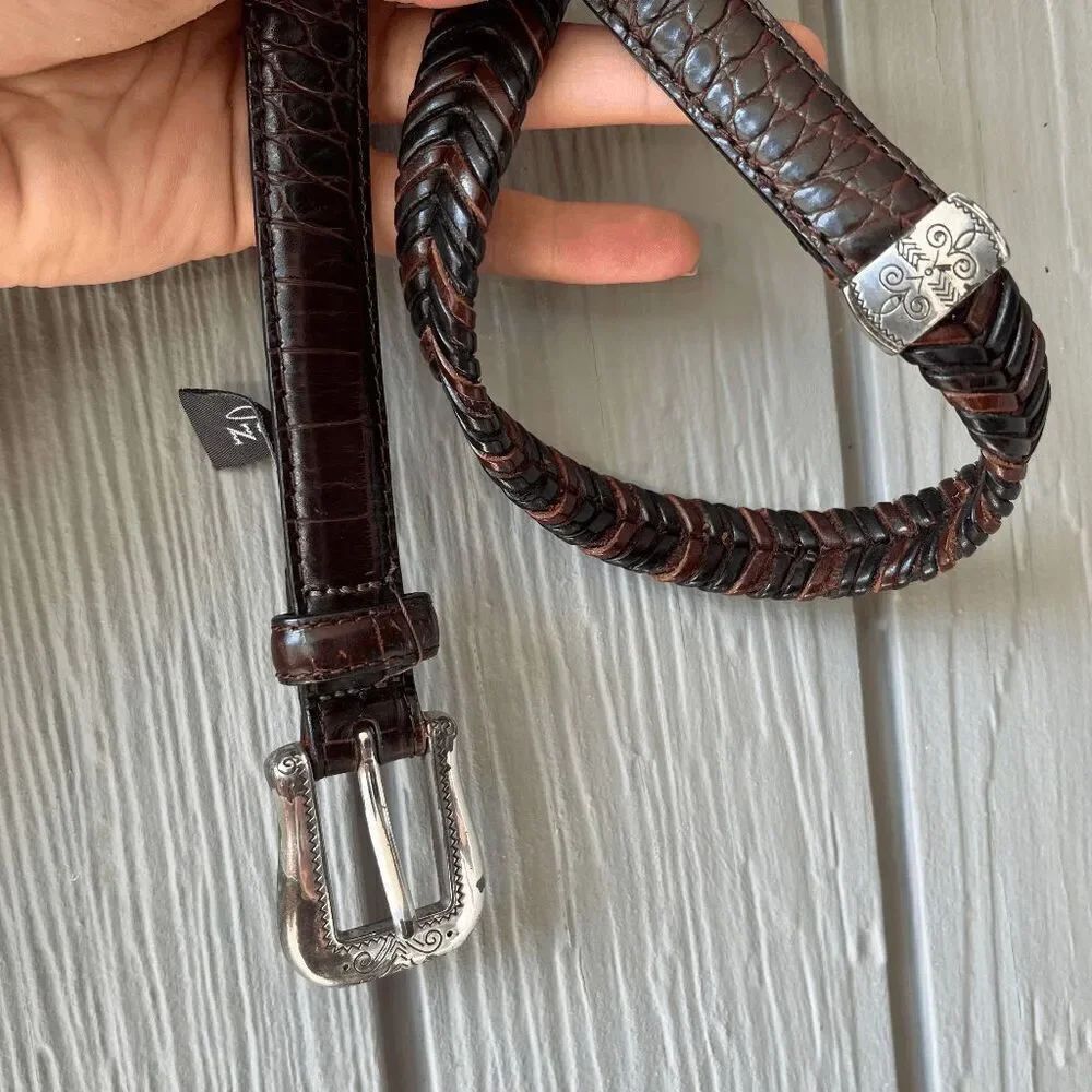Brighton Braided Leather Belt L/34 Brown Croc Embossed w/ Silver Buckle